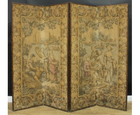 A large country house four-fold screen, applied overall with Flemish tapestry in the 17th century taste, 199.5cm high, each p