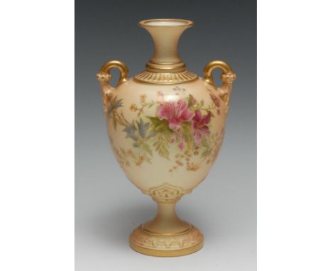 A Royal Worcester two-handled ovoid pedestal vase, printed and painted with flowers on blush ivory ground, 21.5cm high, print