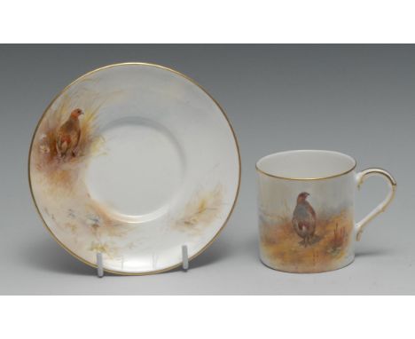 A Royal Worcester coffee can and saucer, painted  by James Stinton, signed, with partridge amongst grasses, printed marks in 