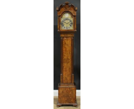 A George III Revival walnut dwarf longcase clock, 20cm arched brass dial, silvered chapter ring inscribed with Roman and subs