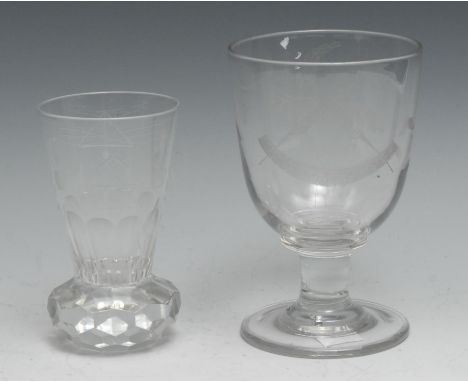 Freemasonry - a Masonic thistle shaped toasting glass, etched with square and compass and other devices, 13.5cm high; a wine 