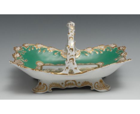 A Chamberlains Worcester Named View shaped rectangular basket, Henley on the Thames, green ground, the rim in relief with lea