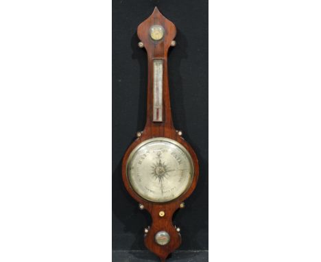 An early Victorian rosewood wheel barometer, 25cm circular silvered register inscribed D. Fagioli &amp; Son, 3 Gt. Warner St.