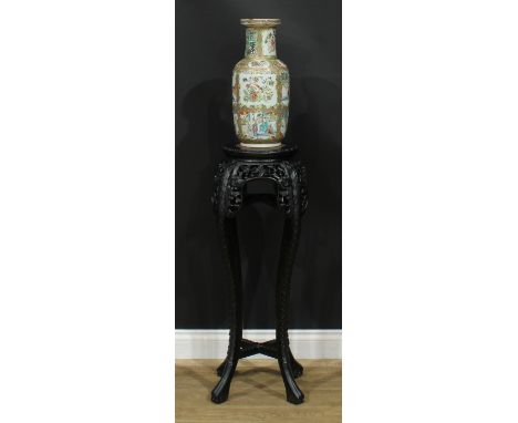 A Chinese hardwood jardiniere stand, circular top with leafy border and inset marble panel above a shaped frieze pierced and 