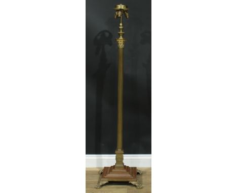 Interior Design - a brass telescopic floor lamp, Corinthian column, stepped square base, paw feet, 146cm raising to 216cm hig