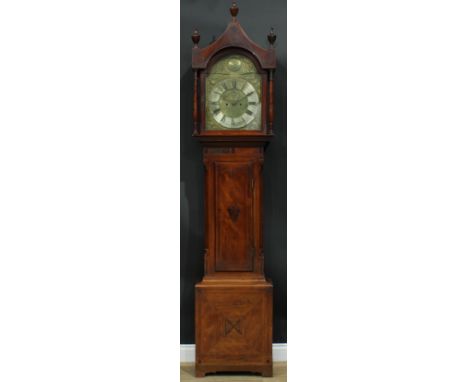 A 19th century yew longcase clock, 36cm arched brass dial inscribed Tempus Fugit, silvered chapter ring with Roman and subsid