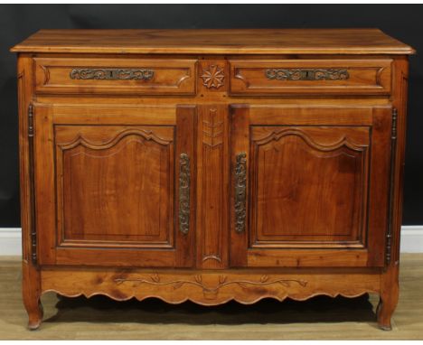 A French cherry enfilade or buffet serving sideboard, rectangular top with moulded edge above a pair of frieze drawers and tw