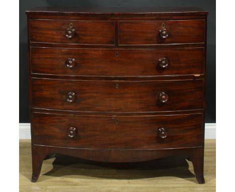 A George IV mahogany bowfront chest, slightly oversailing top above two short and three long graduated drawers, bracket-form 
