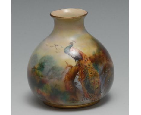 A Royal Worcester ovoid vase, painted by J Flexman, signed, painted with a peacock, 7.5cm high,  printed marks in puce, date 