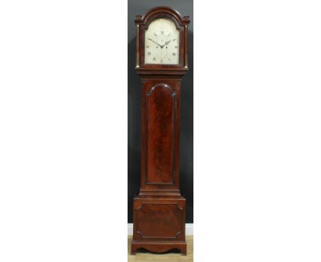 A George III mahogany longcase clock, 31cm arched silvered dial inscribed P Vigne, Bath, Roman numerals, Strike/Silent to arc