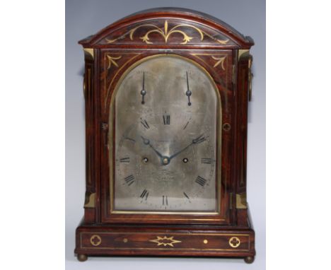 A Regency rosewood and brass marquetry bracket clock, 15cm arched silvered dial inscribed Goodhugh, Regent Street, London, Ro