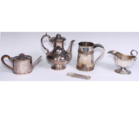 A George III Old Sheffield Plate bachelor's drum teapot, hinged domed cover with bright-cut border, fruitwood scroll handle, 