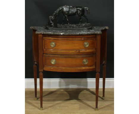 A French Directoire style commode, of small proportions, marble top above a pair of long drawers, stop-fluted square legs, 80
