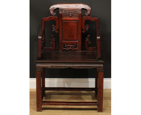 A Chinese hardwood armchair, shaped back carved with scrolls and set with a panel pierced and carved with stylised clouds, sh