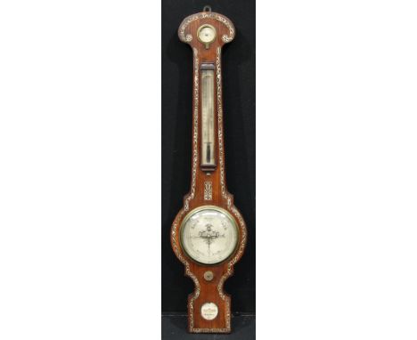 An early Victorian rosewood and mother of pearl marquetry wheel barometer, by T Gowland, London, 16cm silvered register, 89cm