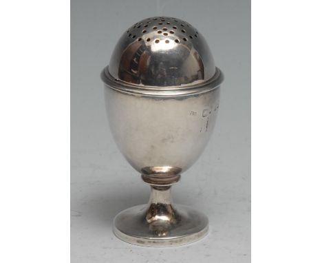 Paul Storr - a George IV silver ovoid pedestal pepper, pierced bayonet-fitting cover, spreading circular foot, gilt interior,