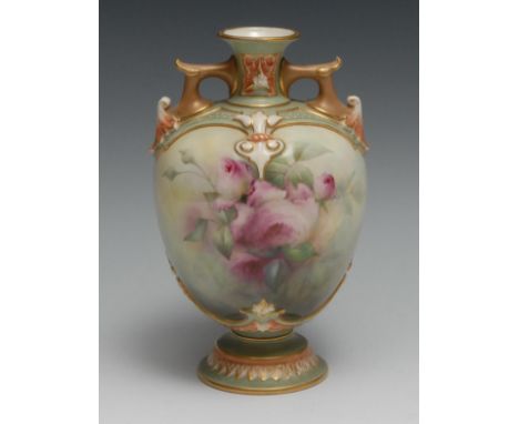 A Royal Worcester two handled ovoid vase,  painted with Hadley style roses, angular handles, 20cm high,  shape 1654 