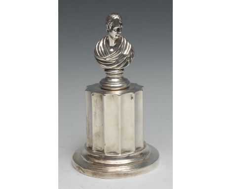 Scottish Literature - an early Victorian silver sculptural library desk inkwell, the hinged cover with a portrait bust of Sir