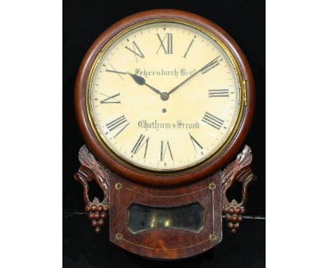 An early Victorian mahogany and brass marquetry drop dial wall timepiece, 29cm enamel clock dial inscribed Fehrenbach Bros, C