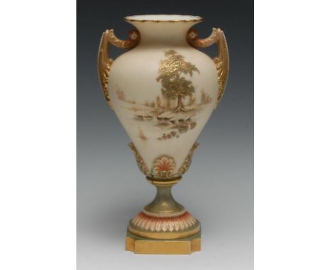 A Royal Worcester pedestal vase, decorated in green adn gilt with trees in a landscape, two acanthus moulded handles  and  ba