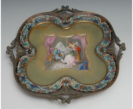 A late 19th century French champleve enaamel shaped square table plateau, the green onyx field centred by a porcelain panel p