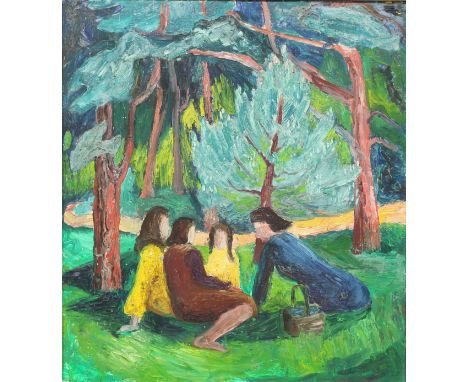 Mavis Freer Picnic Timesigned, oil on panel, 53cm x 47.5cm 