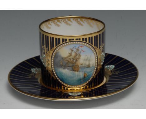A Lynton cabinet coffee can and stand, painted by Stefan Nowacki, signed with initials, with boat weathering a storm, within 