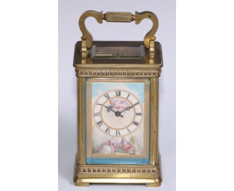 A French porcelain mounted lacquered brass carriage clock, 7cm dial inscribed with Roman numerals, the movement with platform