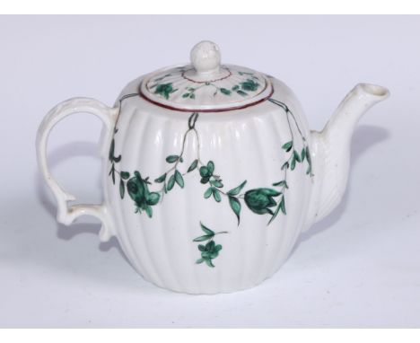 A Bristol fluted barrel shaped teapot, painted in green with swags, 13cm high, blue B mark, c.1775 