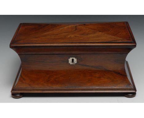 A post-Regency rosewood concave sarcophagus tea caddy, hinged cover enclosing a bowl aperture and a pair of canisters, mother