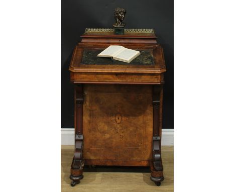 A Victorian walnut and marquetry Davenport desk, hinged rectangular superstructure enclosing stationery divisions, sloping wr