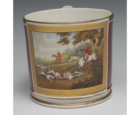 A 19th century English porcelain mug, probably Chamberlains or Grainger’s Worcester,  painted huntsmen and hounds, within a g