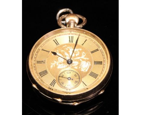 A 14ct gold open face pocket watch, gold foil dial decorated with flowering foliage, the chapter ring with roman numerals, su