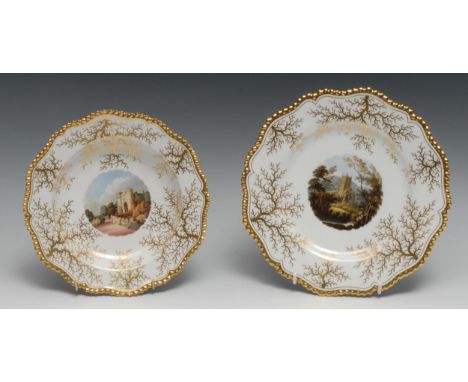 A Flight, Barr and Barr Worcester Named View plate,   Malvern Church Worcestershire, seaweed gilding, gilt gadrooned rim, 21.