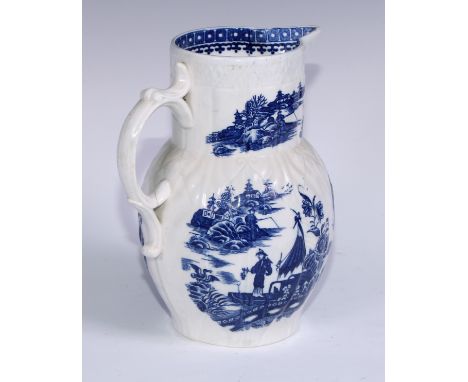 A Worcester Fisherman and Cormorant pattern cabbage leaf moulded jug, mask spout, 24cm high, c.1785 