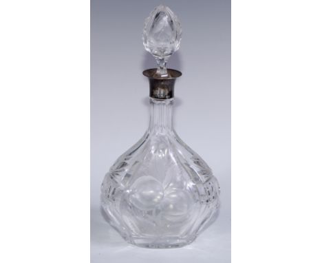 A George V silver mounted decanter, cut and etched with ripe fruit, 31cm high, John Grinsell &amp; Sons, Birmingham 1932 