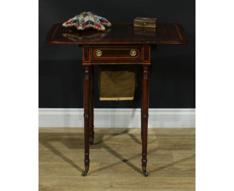 A Regency satinwood crossbanded rosewood work table, rounded rectangular top with fall leaves above a frieze drawer and baske