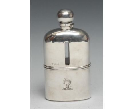 A large Victorian silver hip flask, hinged domed bayonet cover, stirrup cup to base, gilt interior, 17cm high, London 1891 