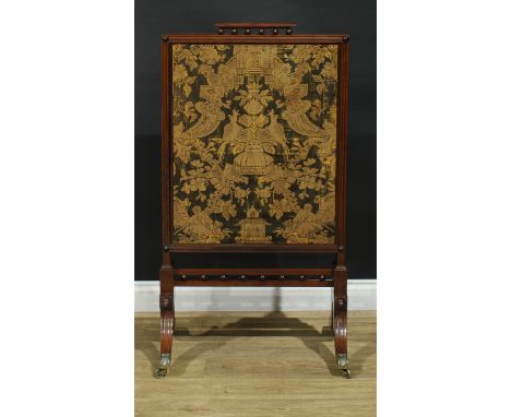 A Regency mahogany extending fire screen, rectangular frame with channelled edge, sabre legs, brass capped casters, 113cm hig