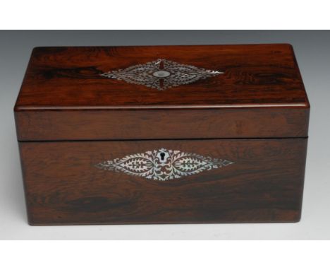 A large Victorian rosewood and mother of pearl marquetry rectangular tea caddy, probably Irish, hinged cover inlaid with a ce