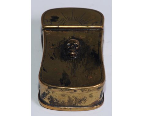 A George III brass momento mori snuff box, hinged cover applied with a skull, 7cm long, c.1800 