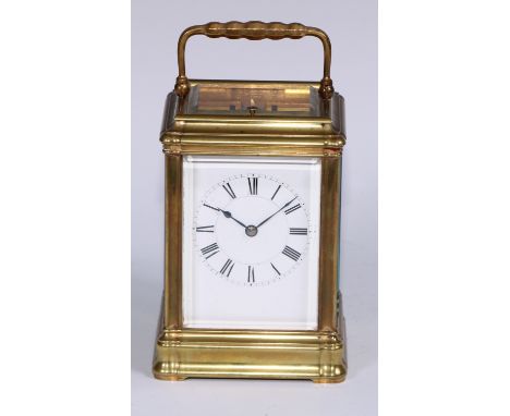 A large French lacquered brass repeating carriage clock, 7cm rectangular enamel dial, inscribed with a chapter of Roman numer