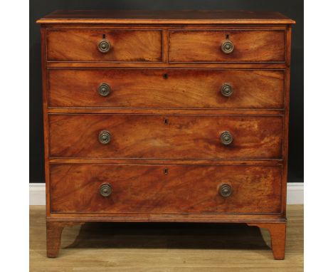 A George III mahogany chest, of two short and three long graduated cockbeaded drawers, bracket feet, 107cm high, 109.5cm wide