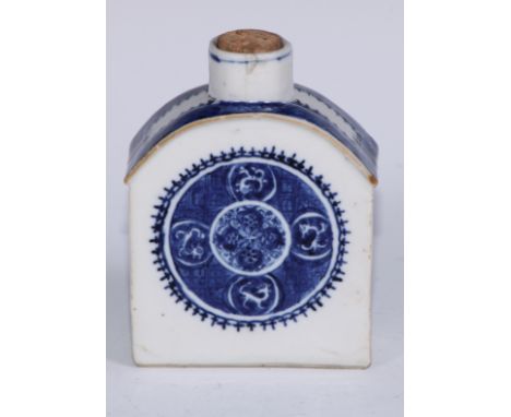 An 18th century Chinese porcelain tea caddy, painted in tones of underglaze blue with roundels, 11cm high, c.1780 