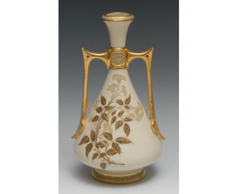 A Royal Worcester Aesthetic Movement two-handled spreading ovoid vase, decorated in gilt with blossoming branches on ivory gr