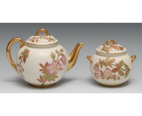 A Royal Worcester Aesthetic Movement globular teapot and sucrier, printed and painted with blossoming branches on ivory groun