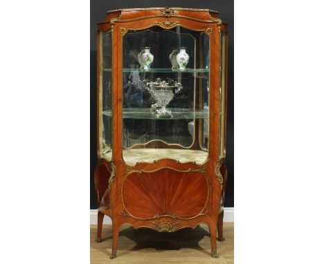 A Louis XV Revival gilt metal mounted kingwood serpentine vitrine, in the manner of François Linke, Breche Violette marble to