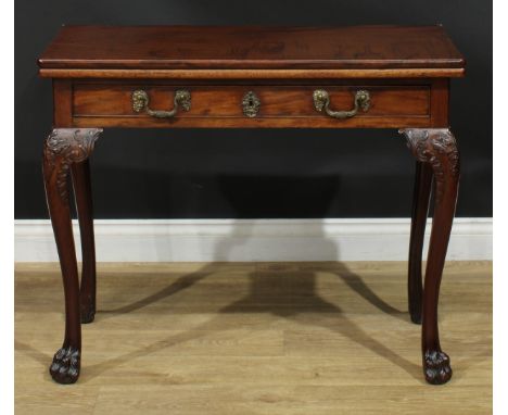 A George II mahogany card table, possibly Irish, hinged rectangular top enclosing a baize lined playing surface above a long 