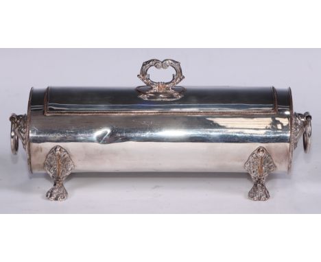 A Regency Old Sheffield Plate oval treasury inkstand, hinged cover with leafy-loop handle enclosing a pair of glass wells and