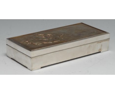 A Japanese silver rectangular cigar box, the matt gilt cover chased with monkeys. hardwood lined, bracket feet, 19cm wide, ma